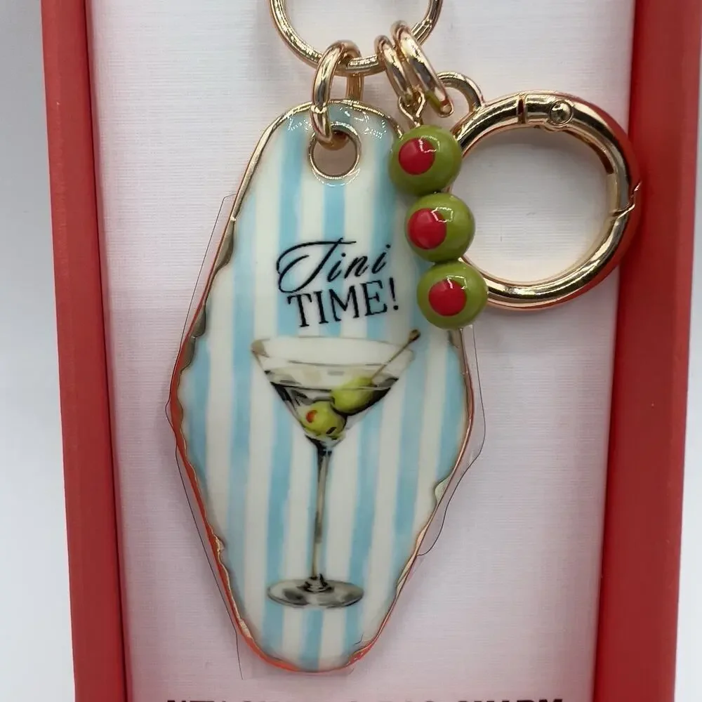 Piper K Tini Time Martini Glass Keychain Bag Charm Blue Stripe Beads Olive Retro